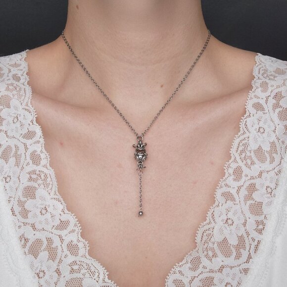 Gothic hematite pearl and silver rosary necklace with a small silver chain - Picture 1 of 8